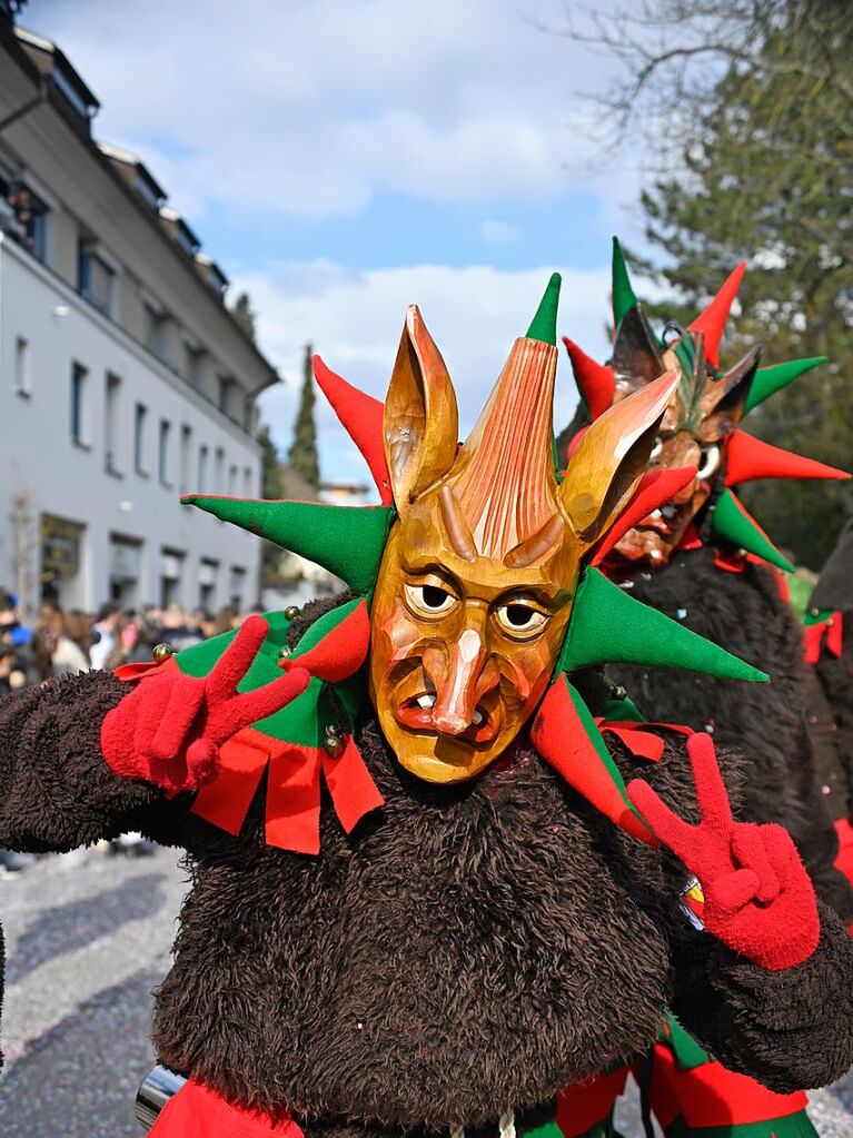 Die Sonne zeigte sich rechtzeitig zum Fasnachtsumzug in Bad Krozingen, bei dem sich das Publikum am Rande der Strecke drngte, auch um eine der vielen Sigkeiten zu ergattern, welche reichlich verteilt wurden. An Konfetti mangelte es ebenfalls nicht.