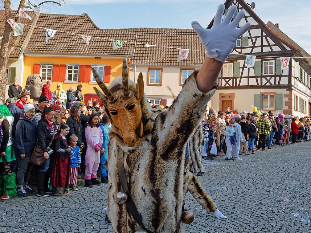 Jubilumsumzug zu 75 Jahre Narrenvereinigung Lustige 13 in Riegel: Schne Gre von den Geisberger Geisenmeckerern.