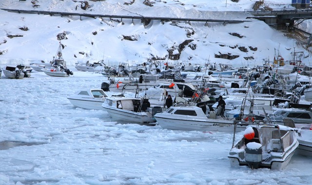 Der Hafen von Ilulissat ist teils zugefroren.  | Foto: Steffen Trumpf/dpa