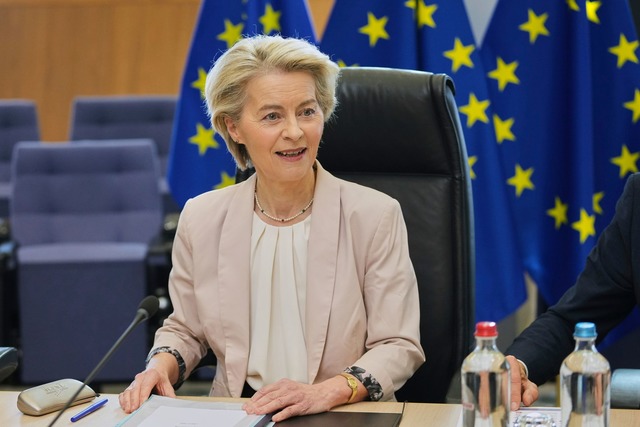 Ursula von der Leyen bei einem Treffen mit Industrievertretern.  | Foto: Virginia Mayo/AP/dpa