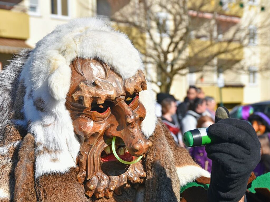 Welschkorngeister, Grotte Hexe, Schneesturmhexen und Steinbruch Hex zogen am Fasnetmendig durch die Straen in Denzlingen. Insgesamt feierten 59 Gruppierungen mit.