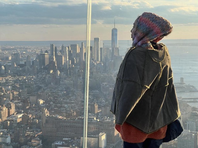 Eine Person schaut von der Aussichtspl...Hochhaus 30 Hudson Yards auf New York.  | Foto: Benno Schwinghammer (dpa)