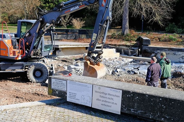 Bagger an der Baugrube &#8211; am Bad ...urparkweiher wird auch Beton entfernt.  | Foto: Martin Pfefferle