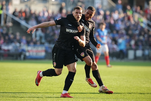 Die Stuttgarter Ermedin Demirovic (l) ...nzo Millot feiern den Treffer zum 2:2.  | Foto: Christian Charisius/dpa