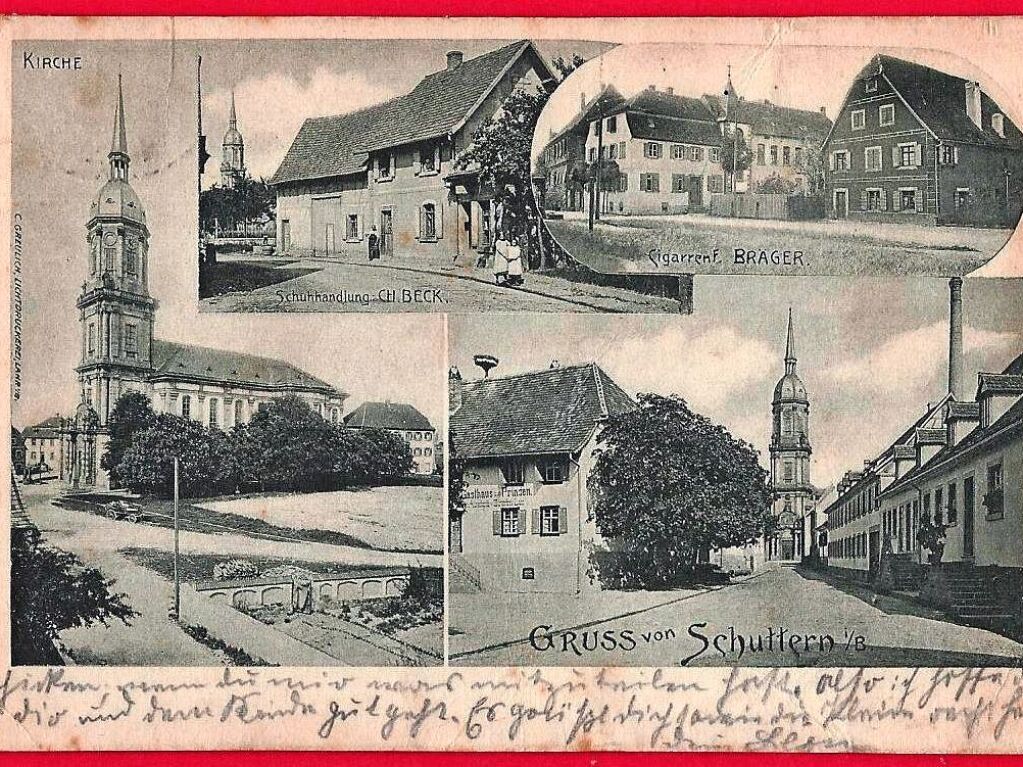 Der „Gruss von Schuttern“ aus dem Jahr 1912 zeigt unter anderem die Schuhhandlung Ch. Beck und die Zigarrenfabrik Brger.