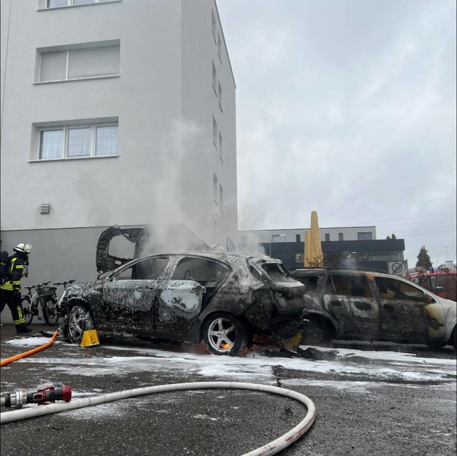 Die Lrracher Feuerwehr hat am Montagmorgen ein brennendes Auto gelscht.  | Foto: Freiwillige Feuerwehr Lrrach