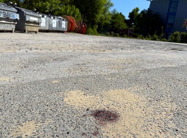 Ein Blutfleck ist auf dem Asphalt am T...nes 14-Jährigen ermittelt die Polizei. | Foto: Alex Talash (dpa) Ein Blutfleck ist auf dem Asphalt am T...nes 14-Jährigen ermittelt die Polizei. | Foto: Alex Talash (dpa)