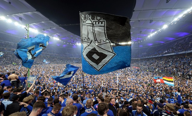 Platzsturm nach Aufstieg: HSV-Fans auf dem Rasen des Volksparkstadions.  | Foto: Christian Charisius/dpa