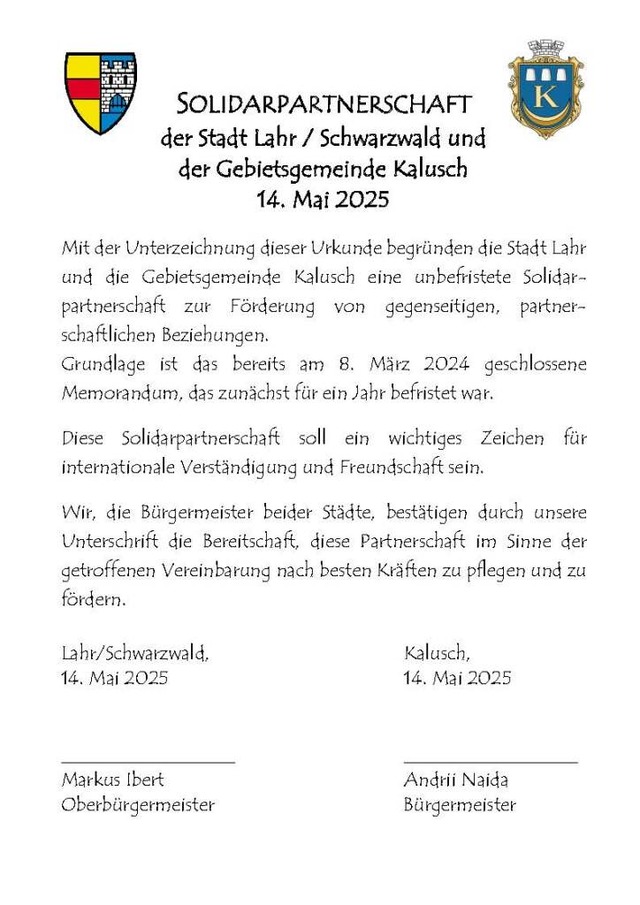 Die Urkunde zur Solidarpartnerschaft | Foto: Stadt Lahr Die Urkunde zur Solidarpartnerschaft | Foto: Stadt Lahr