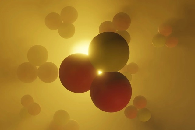 Das Bild illustriert den Helium-3-Kern...otonen (rot) und einem Neutron (gelb).  | Foto: Adobe.stock.com