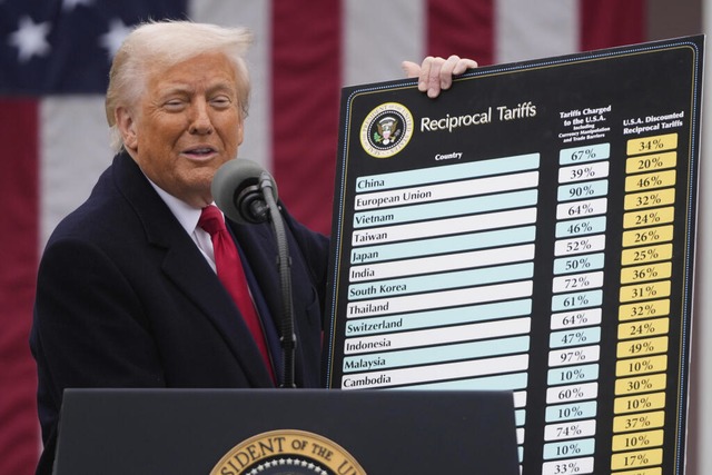 Donald Trump bei der Verkündung seiner Zölle im April. | Foto: Mark Schiefelbein (dpa) Donald Trump bei der Verkündung seiner Zölle im April. | Foto: Mark Schiefelbein (dpa)