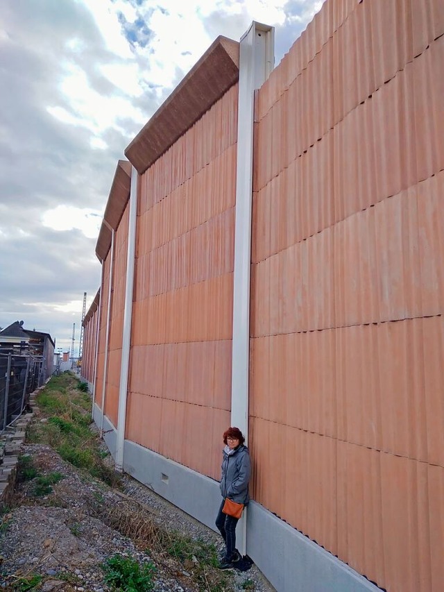Eine sechs Meter hohe Schallschutzwand an der neuen Bahnstrecke in Auggen  | Foto: Gerhard Kaiser