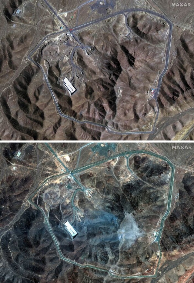 Die Kombo Satellitenbilder zeigt die A...en Angriffen am 22. Juni 2025 (unten). | Foto: Uncredited (dpa) Die Kombo Satellitenbilder zeigt die A...en Angriffen am 22. Juni 2025 (unten). | Foto: Uncredited (dpa)