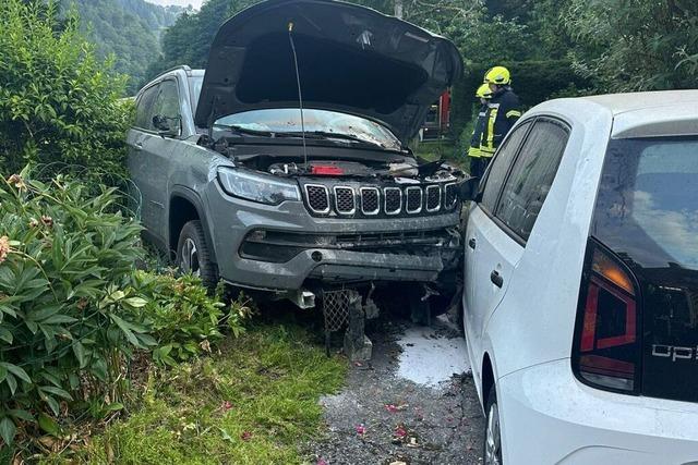 Jeep walzt in Atzenbach Schilder, Zaun und Gartenhtte platt