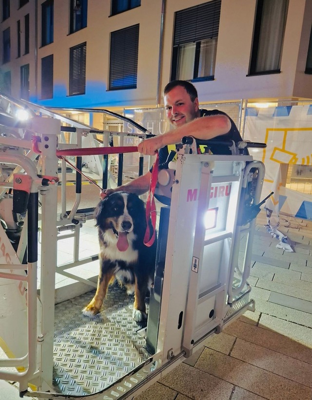 Ein Feuerwehrmann holt einen Hund mitt...ml;he vom Dach eines Einkaufszentrums. | Foto: -/Feuerwehr Böblingen/dpa Ein Feuerwehrmann holt einen Hund mitt...ml;he vom Dach eines Einkaufszentrums. | Foto: -/Feuerwehr Böblingen/dpa