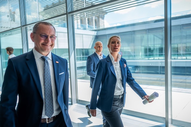 Die AfD-Chefs Tino Chrupalla (l.) und ...atseinkünfte freuen. (Archivbild) | Foto: Michael Kappeler/dpa Die AfD-Chefs Tino Chrupalla (l.) und ...atseinkünfte freuen. (Archivbild) | Foto: Michael Kappeler/dpa