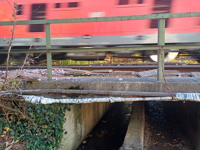 Über den "Durchschlupf" fährt ein Zug. | Foto: Maximilian Müller Über den "Durchschlupf" fährt ein Zug. | Foto: Maximilian Müller