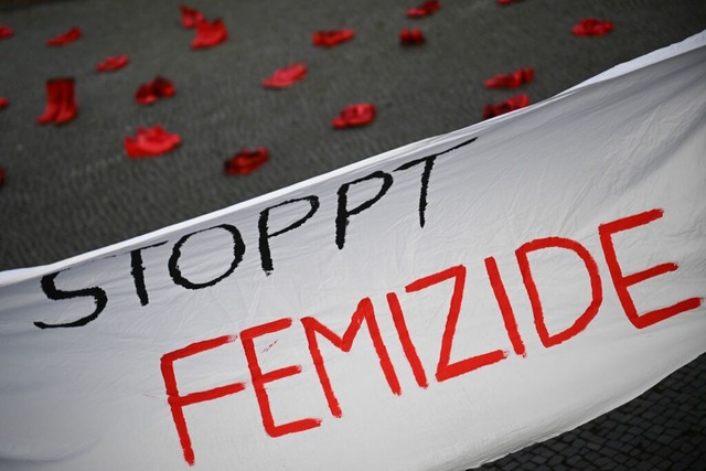 &#8222;Stoppt Femizide&#8220; steht auf einem Banner in Berlin.  | Foto: Sebastian Gollnow (dpa)