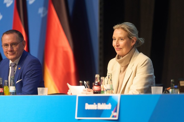 Auch die AfD-Bundesvorsitzenden Weidel...upalla trafen mit Versp&auml;tung ein.  | Foto: Thomas Frey/dpa