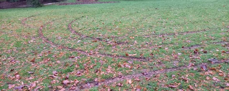 Unbekannte Tter hinterlassen Reifenspuren auf der Wiese im Rosenfelspark