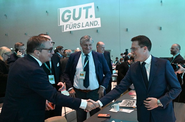 Hagel begr&uuml;&szlig;t beim CDU-Land...l;sidenten von Baden-W&uuml;rttemberg.  | Foto: Bernd Wei&szlig;brod/dpa