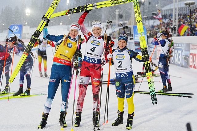 Die besten Drei der Verfolgung von &Ouml;stersund.  | Foto: Bj&ouml;rn Larsson Rosvall/TT News Agency/AP/dpa