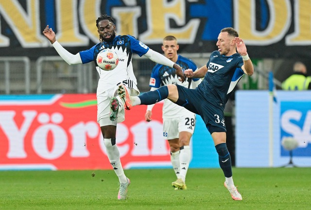 HSV-Profi Jordan Torunarigha (l.): har...durch Hoffenheim und  Vladimir Coufal.  | Foto: Uwe Anspach/dpa